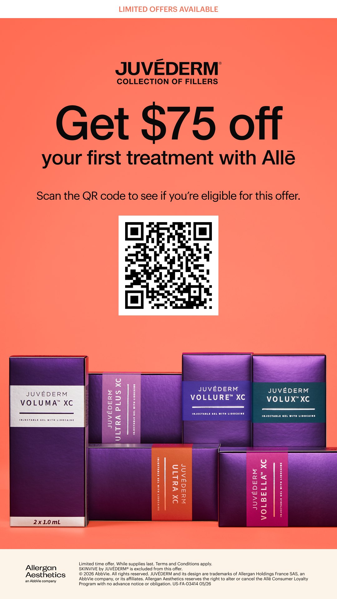 Allergan’s promotional creative for the JUVÉDERM® Collection of Fillers: “Get $75 off your first treatment with Allē,” with a QR code and Allergan’s own terms printed beneath it.